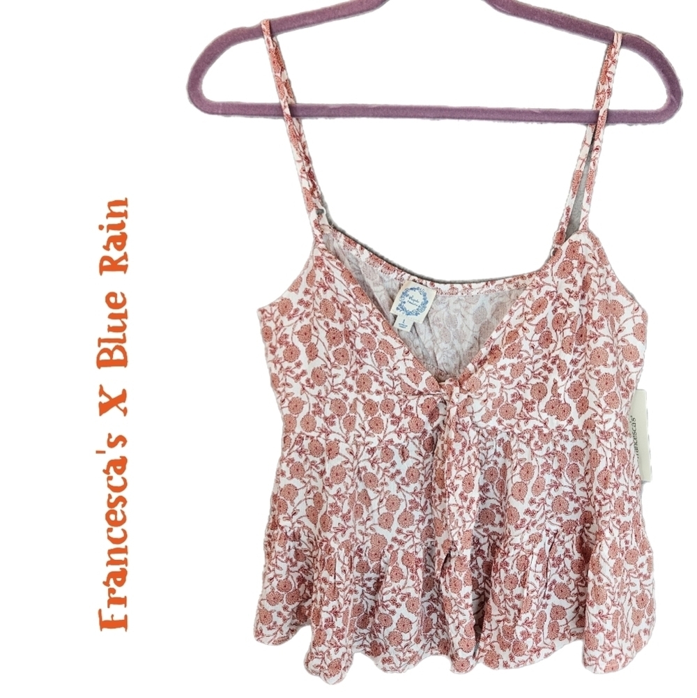 Francesca's X Blue Rain Rust Beige Floral Cropped Baby Doll Top Sz L Adj Straps